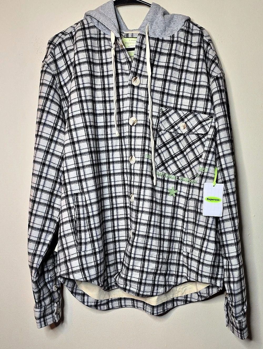 Supervsn Plaid Hooded Shirt in Gray & White Size Large NWT